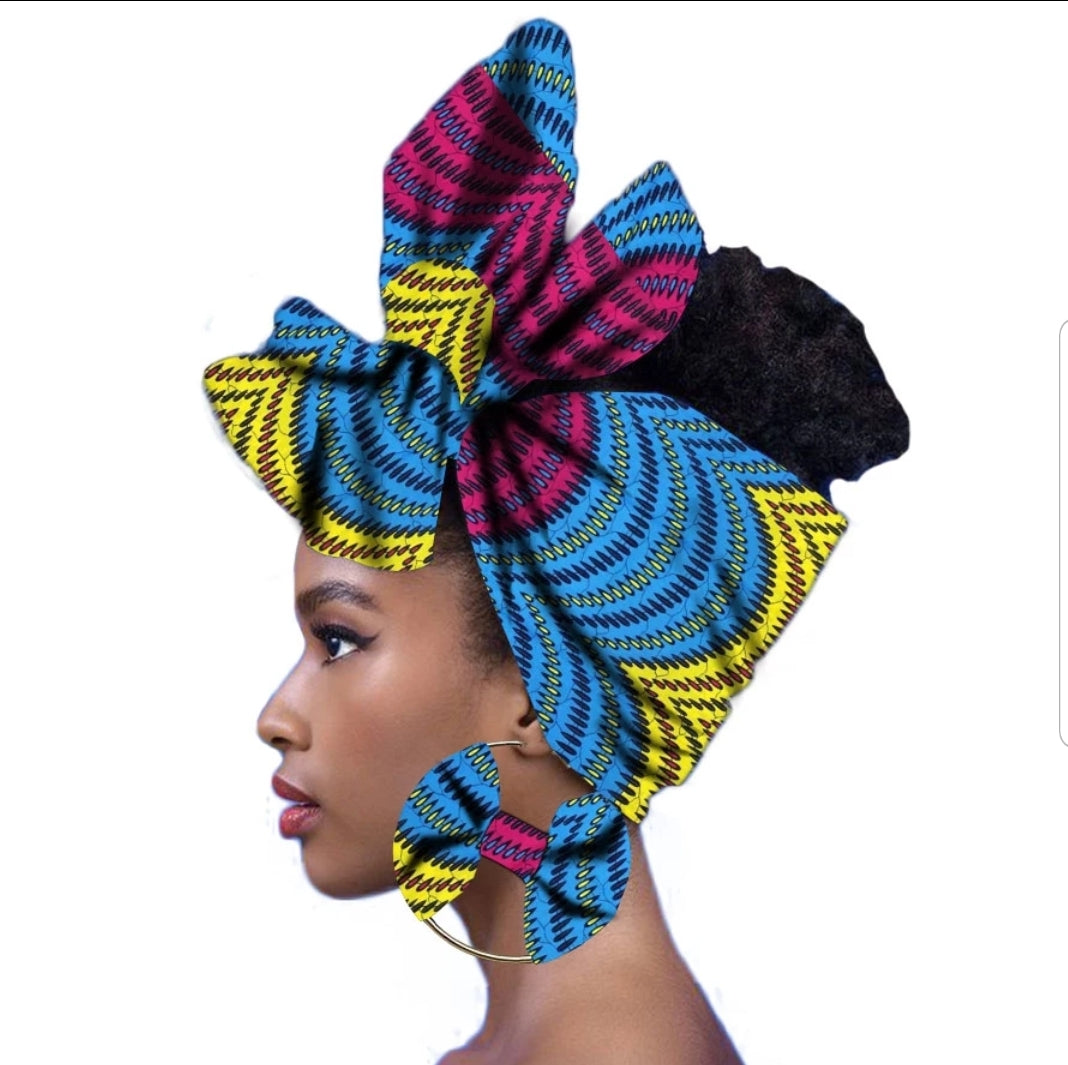 African Print Headwrap With Matching Earrings