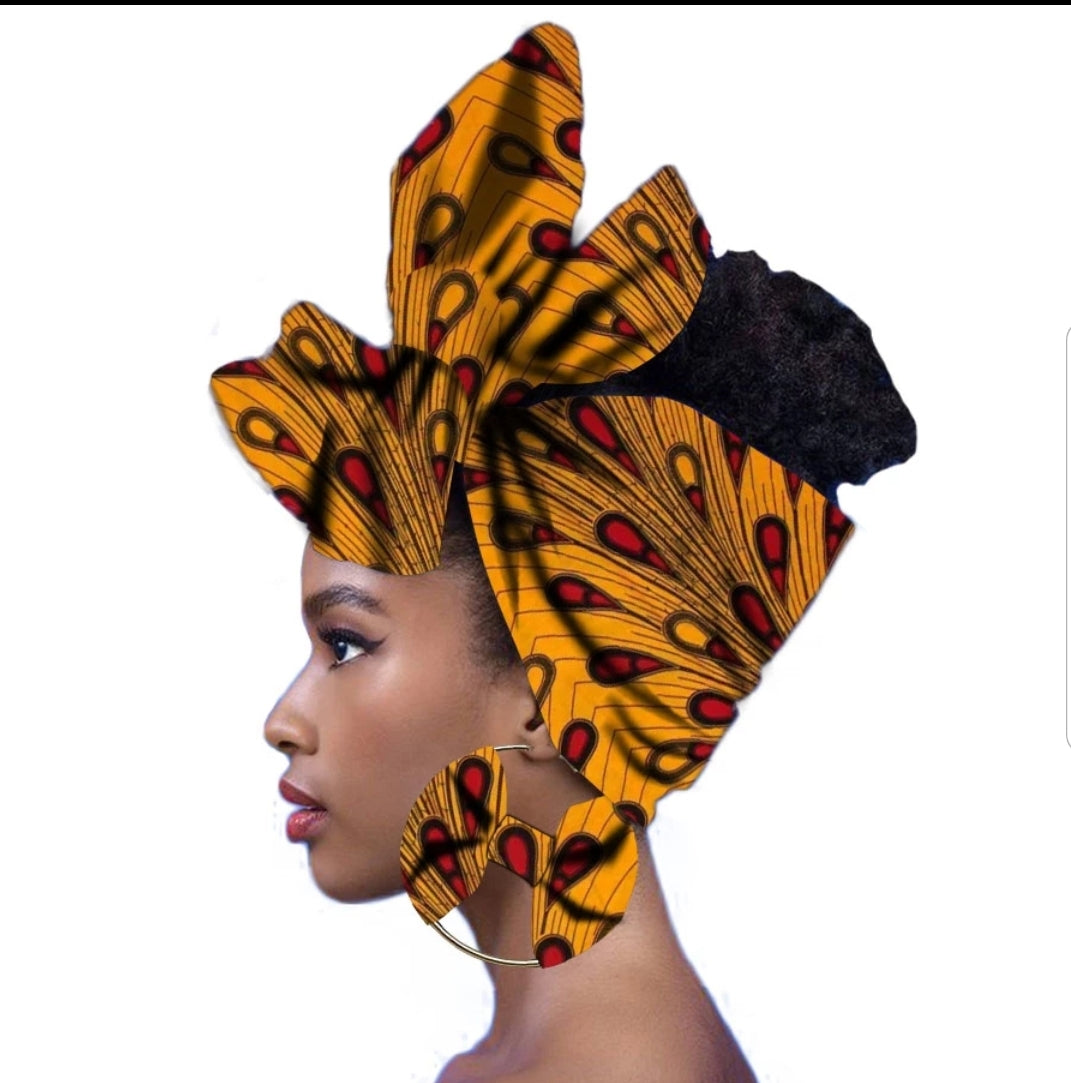 African Print Headwrap With Matching Earrings